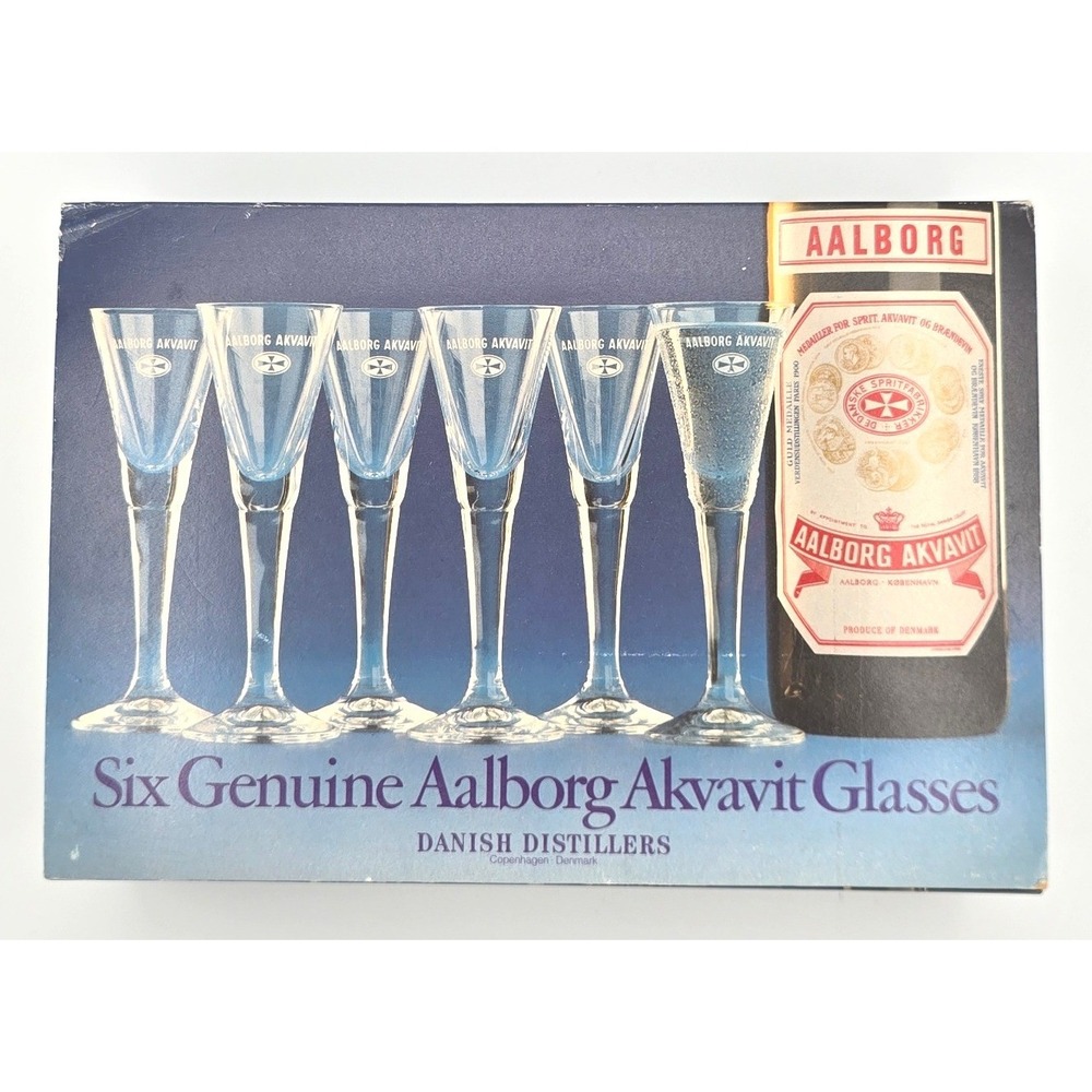 Vintage Aalborg Akvavit Glasses Set 6 Danish Distillers Long Stem Barware